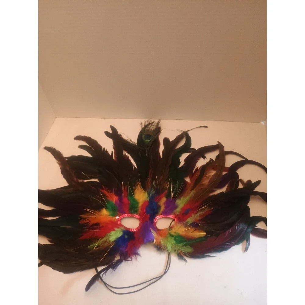 Large Vintage Feathered Mardi Gras Carnival Mask
